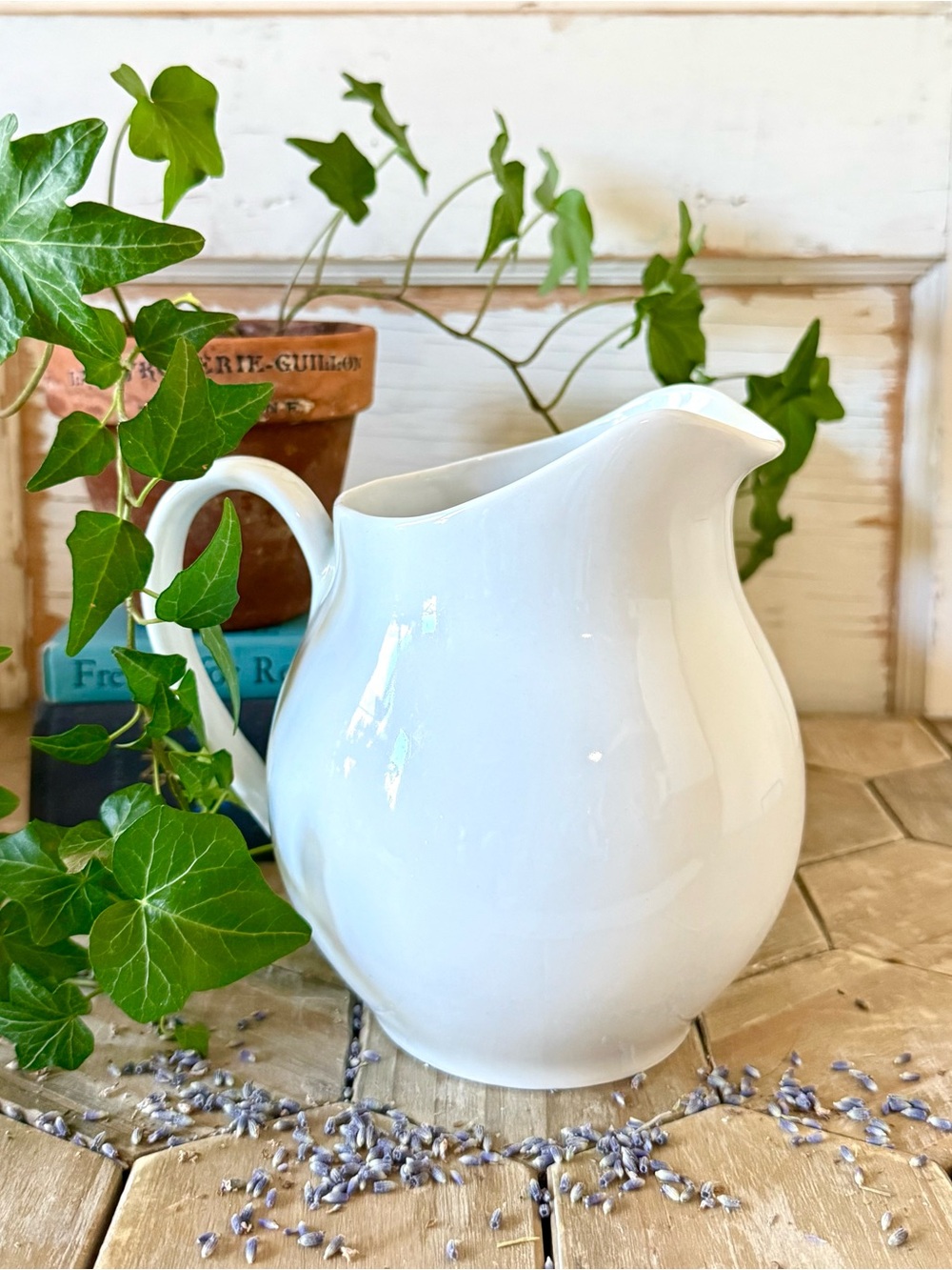 Vintage White Ironstone Chubby Chunky Pitcher,
6.5”